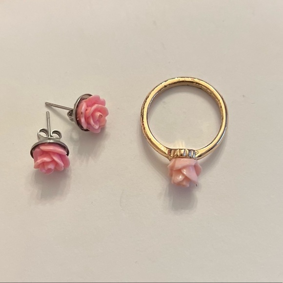 Pink rose ring with silver  earrings set - Picture 1 of 4
